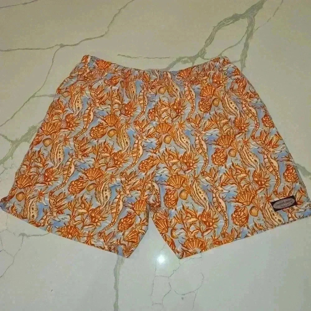Vineyard Vines Mens Seahorse Sea Shell Swim Trunks Blue Orange Size XL